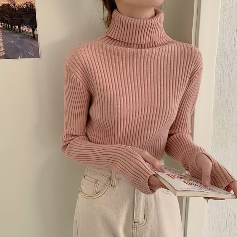 Sweater Wanita 2021 Streetwear Pullover Merenggang Turtleneck Rajutan Atasan Merah Muda Lengan Panjang Pakaian Musim Dingin Leher Tinggi Hitam