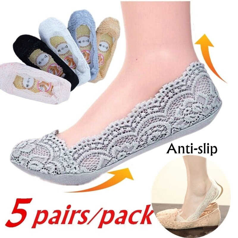 5 par/pack de moda de las mujeres Anti-slip Calcetines de encaje calcetines invisibles para mujeres de algodón de las niñas Invisible calcetines invisibles No-slip
