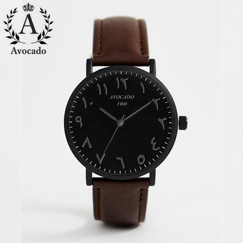 Relojes de pulsera con aguacate para hombre, pulsera de cuarzo con números arábigos y carcasa negra a la moda, correa de cuero marrón