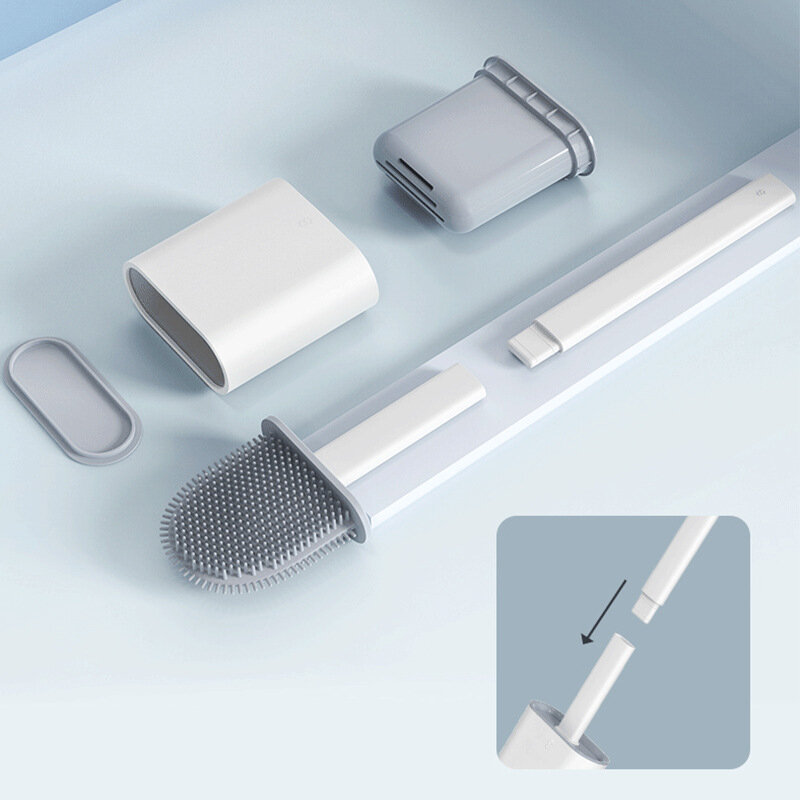 Set di spazzole e supporti per WC in Silicone manico rimovibile antiscivolo e testina pieghevole Kit di pulizia a parete accessori per WC