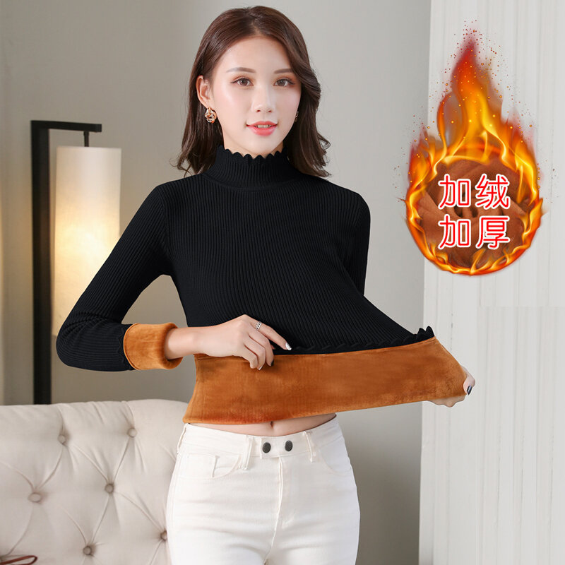 Half-high collar bottoming shirt women's long-sleeved autumn and winter new slim short pullover sweater plus velvet thick inner