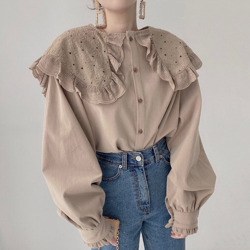 Korean Long Shirt Chic Early Autumn French Neck Embroidered Lace Stitching Loose Single Breasted Sleeve