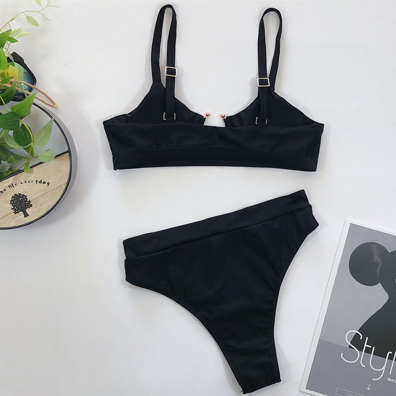 INGAGA Bikini wysokie w talii 2021 Push Up strój kąpielowy pierścień połączone stroje kąpielowe kobiety brazylijski Biquini czarny strój kąpielowy kobiety nowy