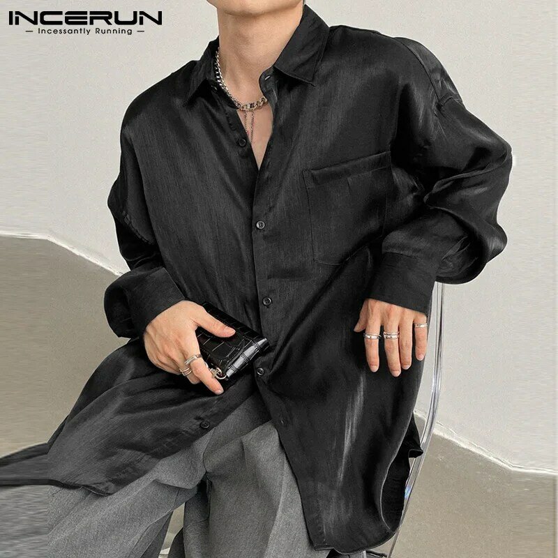 Top 2021 nuevos hombres estilo coreano sólida cómodo blusa todo-Partido Simple Casual brillante de manga larga de ocio camisa de S-3XL INCERUN