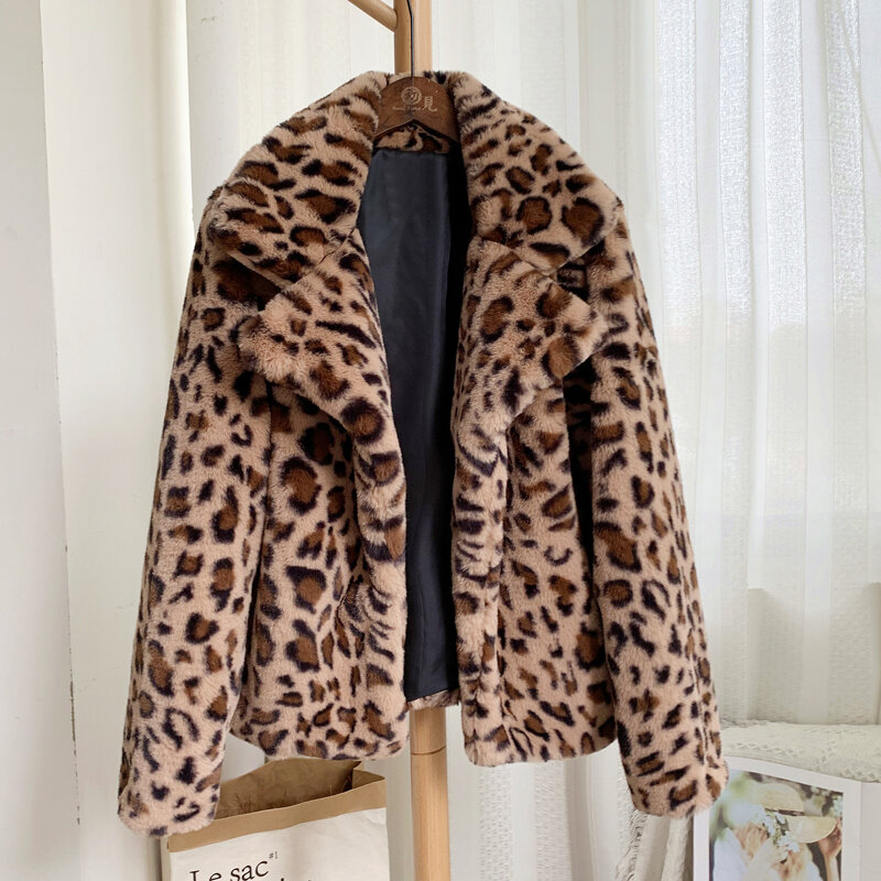 Chique leopardo grosso quente jaqueta de pele falsa elegante macio falso coelho casaco de pele tamanho grande