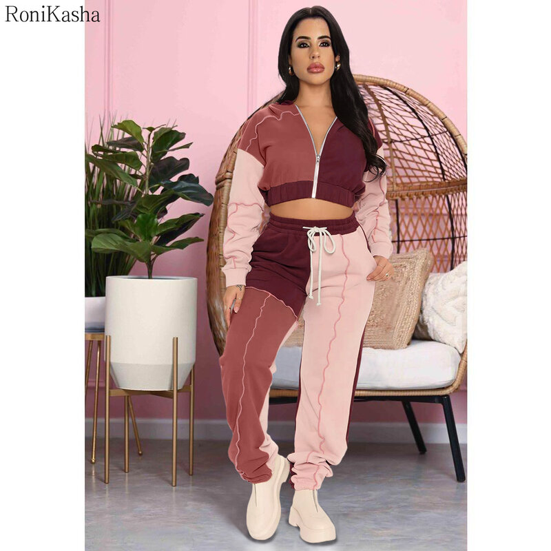 Roniksha Set Hoodie 2 Potong Wanita Baru Desain Fashion Garis Sambungan Pakaian Olahraga Musim Gugur dan Musim Dingin