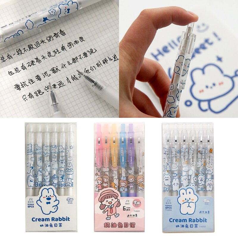 6 Pcs Cute Retractable Gel Ink Pen 0.5mm Rollerball Soft Comfort Grip for Kids