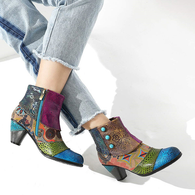 Винтажные женские ботильоны с принтом; Женская обувь из искусственной кожи в стиле ретро; Женские ботинки на высоком квадратном каблуке; 2020