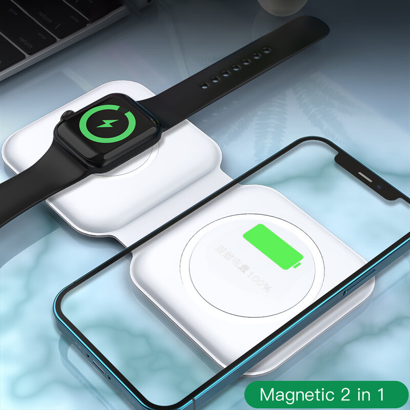 Carregador duo magnético sem fio de carregamento rápido, 15w, 2 em 1, dobrável, seguro, para iphone 12 pro max 11, dock para apple watch 5, 4, 3, airpod