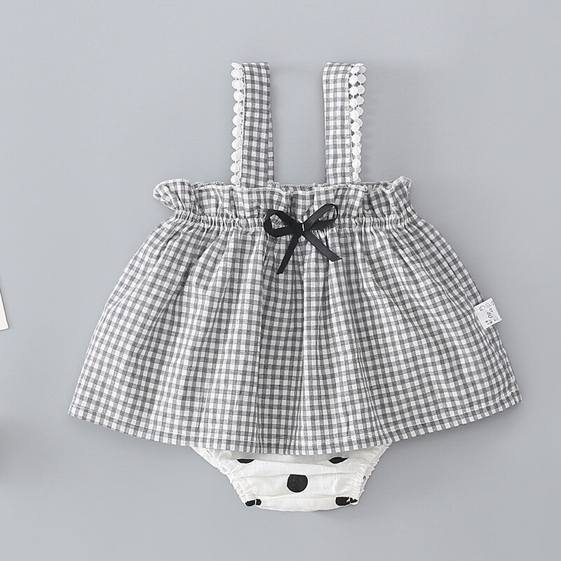Yg Brand Children's Wear, Newborn Summer Cotton Printing Three Piece Set, Baby Girl Plaid Strap Skirt Triangle Pants Baby Set