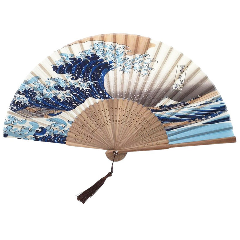 Vintage Bamboo Folding Fan Silk Hand Mount Fuji Kanagawa Waves Japanese Folding Fan Pocket Gifts Wedding Gift Event Supplies