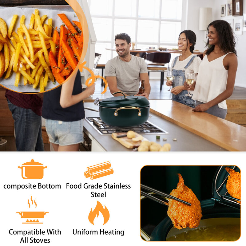 Japanese Deep Frying Pot with Thermometer Lid Oil Drip Drainer Rack 304 Stainless Steel Kitchen French Fries Tempura Fryer Pan