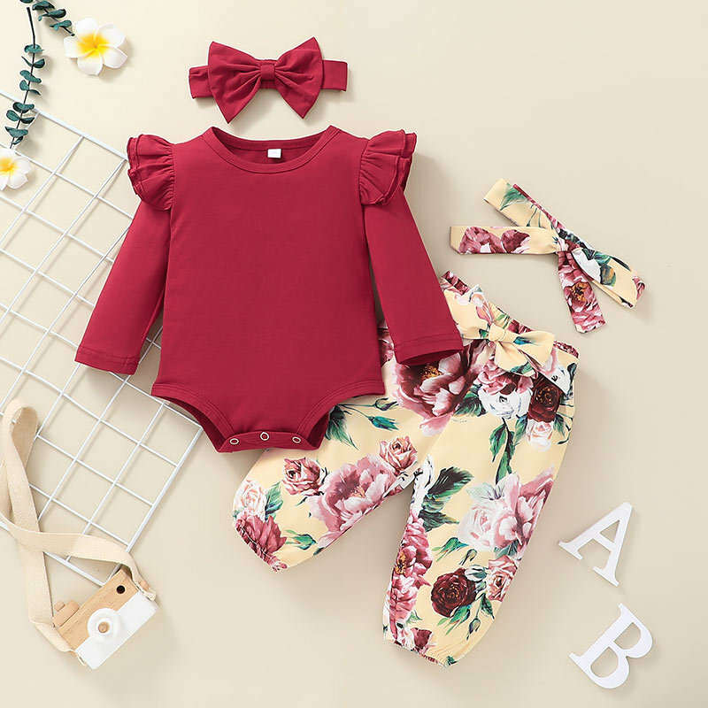 Conjuntos de ropa para bebé y niña, mono acanalado con volantes, pantalones, trajes de 3 piezas, peleles florales, diadema, ropa para recién nacido