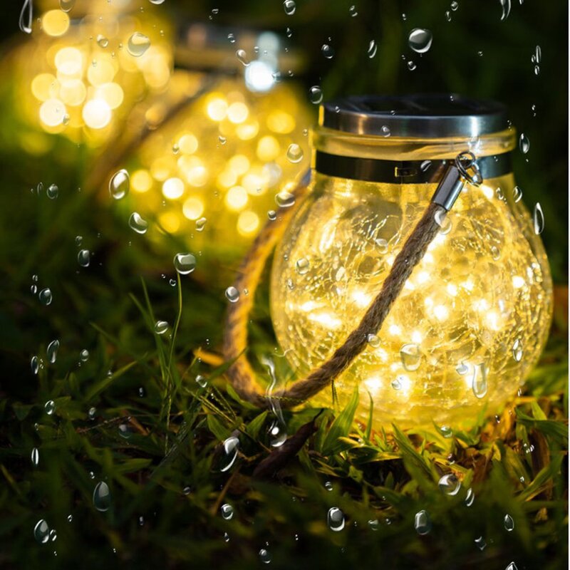 Ao ar livre solar rachadura pendurado luz redonda frasco de vidro lâmpada pátio ao ar livre decoração lâmpada árvore lâmpada fio