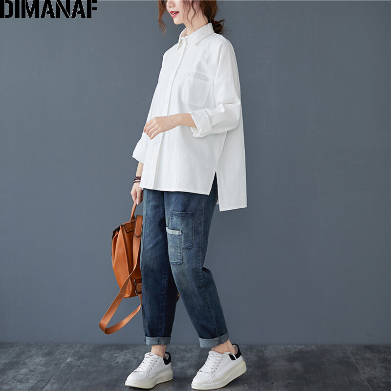 Dimanaf primavera verão plus size blusa feminina camisa senhora do escritório topo túnica algodão 2021 manga comprida roupas botão solto cardigan