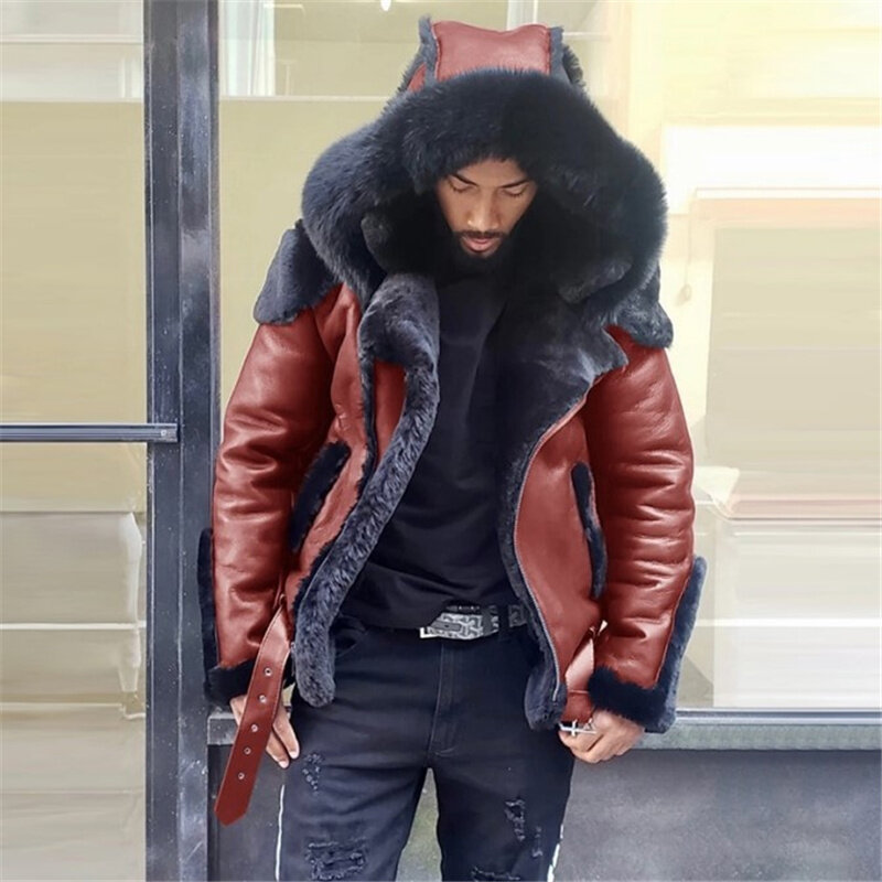 Chaqueta de piel sintética con capucha para hombre, abrigo cálido con cremallera, 5 colores, talla grande 5XL