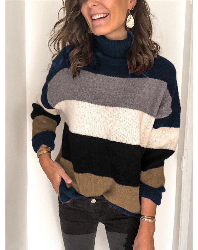 여자 터틀넥 스웨터 가을 겨울 느슨한 패치 워크 인쇄 스트라이프 풀오버 숙녀 긴 소매 캐주얼 따뜻한 소프트 탑스 스웨터