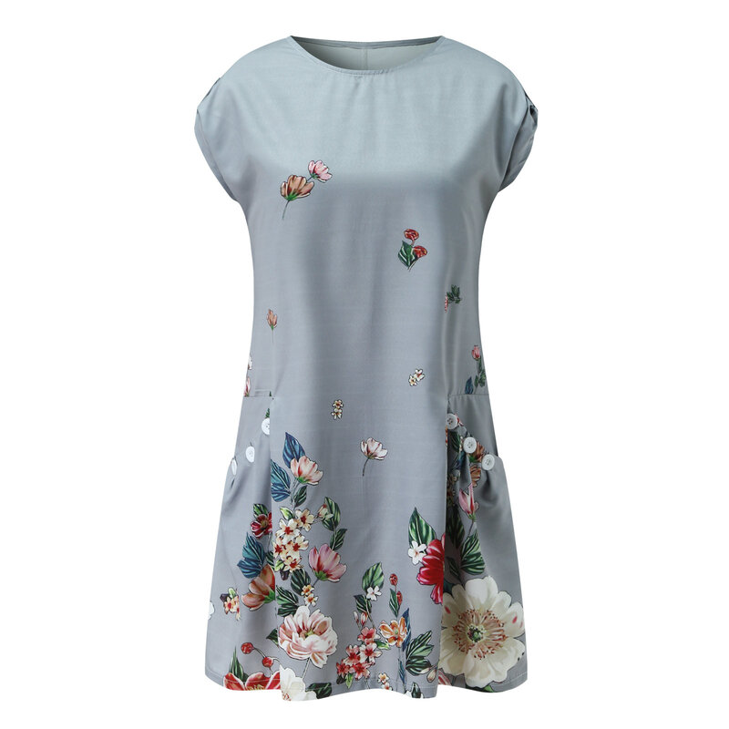 ゆったりとした半袖サマードレス,カジュアル,ボタン付きラウンドネック,ポケット,夏,コレクション2021