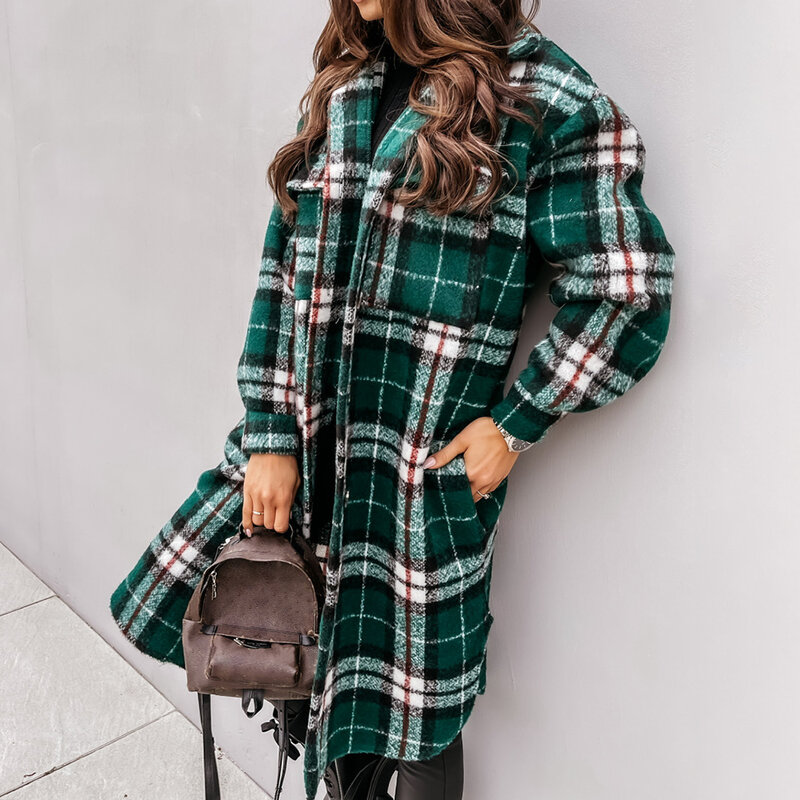 2021 Winter Checked Women Warm Jacket Down Overcoat Korean Plaid Long Coat Oversize Thick Woolen Blends Retro Female Streetwear