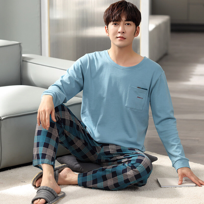 Mannen Pyjama Set Katoenen Nachtkleding Koreaanse Losse Thuis Pak Ronde Hals Broek Sets Cartoon Print Homewear Mannelijke Pyjama Lente