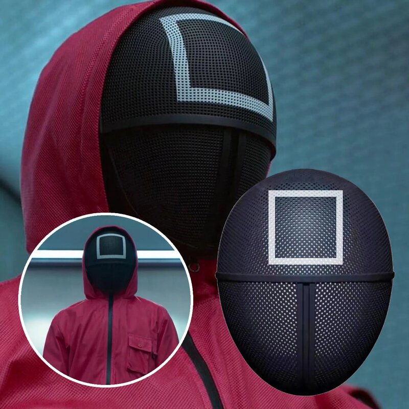 Masker Plastik Cosplay Lingkaran Persegi Segitiga Game Cumi-cumi Penutup Kepala Pria Tudung Merah Properti Kostum Bos Topeng Wajah Penuh Topeng Pesta