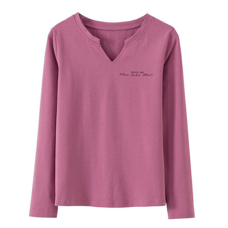 Camiseta de algodón para mujer, ropa informal con cuello en V, ajustada, elástica, de manga larga, 2021