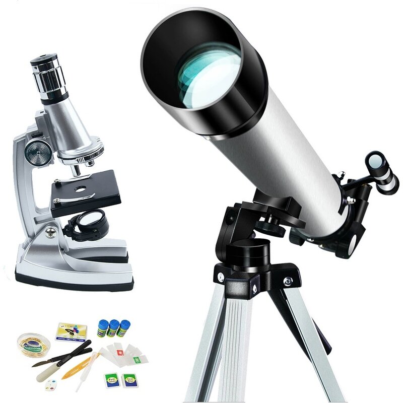 Refraktor Teleskop & 1200X Anak-anak Mikroskop Set Kids Belajar Anak Hadiah Mainan Pendidikan Anak-anak DIY Kit