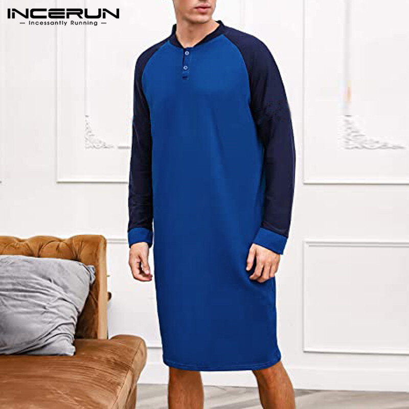 INCERUN Patchwork Men Robes Sleepwear Long Sleeve V Neck Homewear Soft Nightgown Leisure Comfortable Men Clothes Bathrobes S-5XL