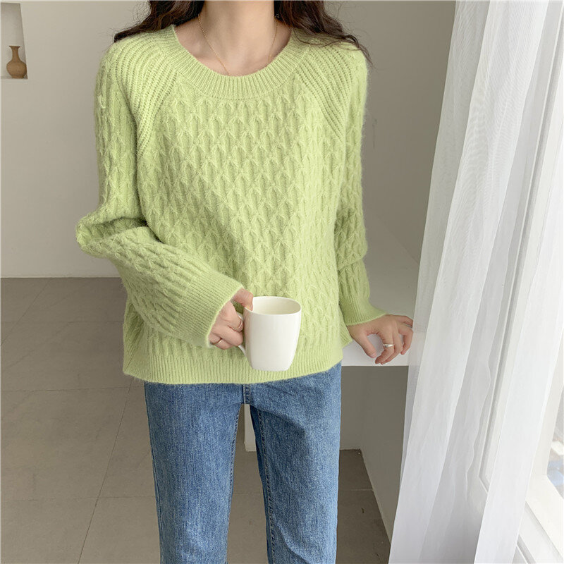 Suéter feminino de malha simples sólida, pulôver manga comprida gola redonda casual folgado coreano preguiçoso tops suéteres outono inverno 2020