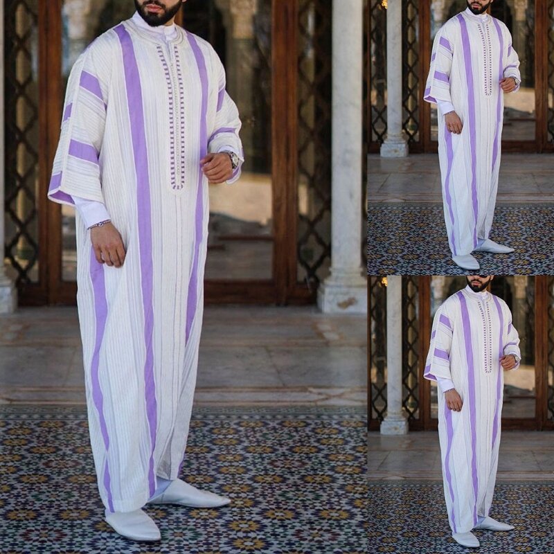 فستان طويل للرجال موضة نمط عرقي مخطط دبي ثوب قميص للحفلات المسائية L41B