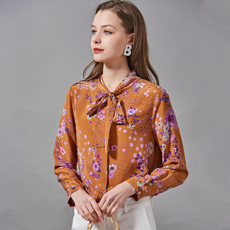 Cisuli impresso camisa de seda 100% mulberry seda camisa feminina manga longa