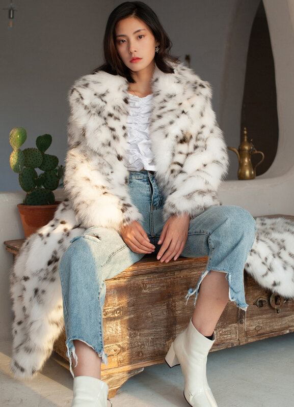 Novo casaco de pele de raposa falsa para mulheres, s/9xl, branco, de inverno, peludo, leopardo, manga comprida, estiloso, jaqueta até o joelho, k1387