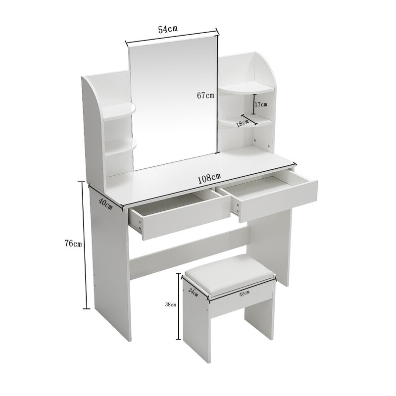 Panana 2 Drawers Dressing Table with stool and Display 4 shelves for Ample Storage Cosmetic Table white