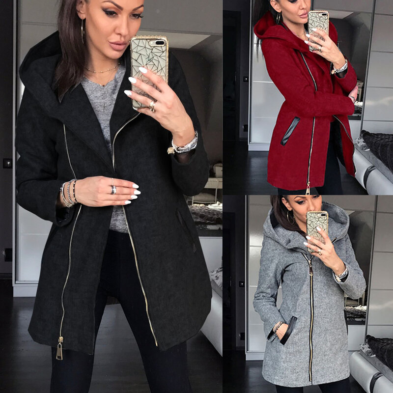Moda lado zíper seção fina com capuz jaqueta feminina outono nova magro-ajuste plus size bolso cor sólida jaqueta blusão feminina