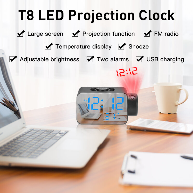 T8 LED 디지털 알람 시계 시계 프로젝터 FM 라디오 미러 테이블 전자 시계 스누즈 기능 2 알람 온도 디스플레이