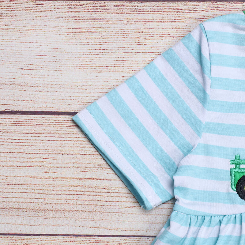 Summer Girls Clothes Green Pocket Short Sleeve Top And Blue Striped Trousers Green Tractor Embroidery Toddler Girl Outfits