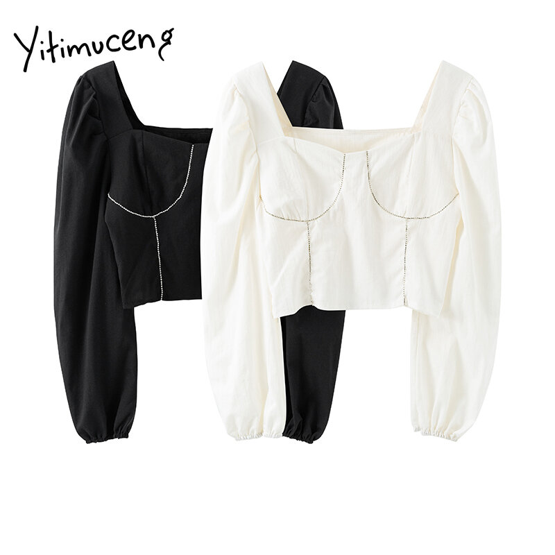 Yitimuceng blusa feminina bordados flares camisas de manga longa gola quadrada preto branco roupas 2021 primavera verão moda nova