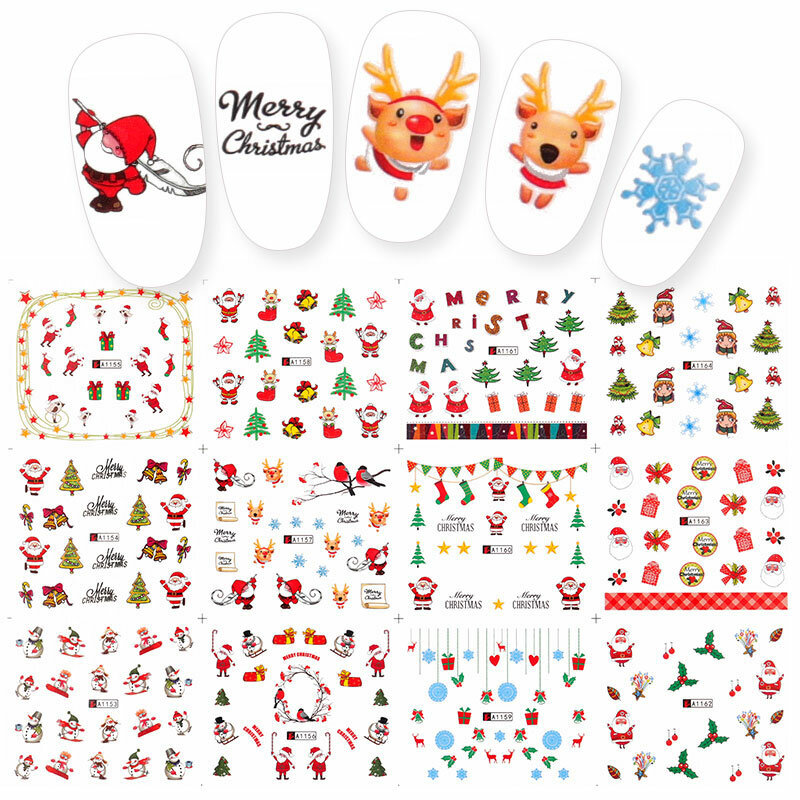 HNUIX 48 pcs Christmas Nail Stickers Water Decals Snowman Santa Claus Nail Art New Year Slider Manicure Rounds Complete Tool BN