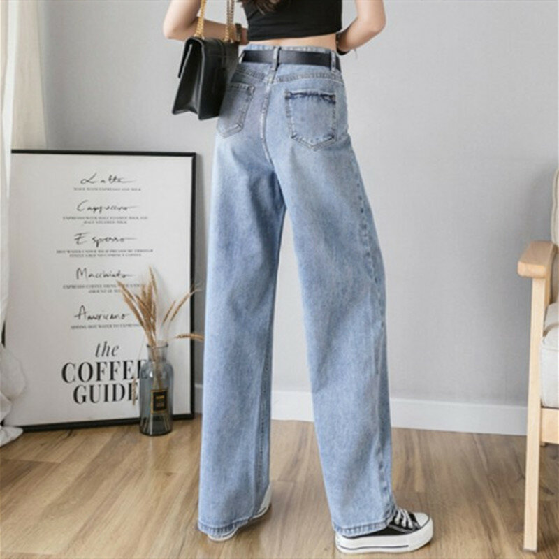 Jeans donna Jeans strappati a vita alta 2019 autunno inverno per abiti abbigliamento Denim a gamba larga pantaloni Vintage moda Streetwear blu