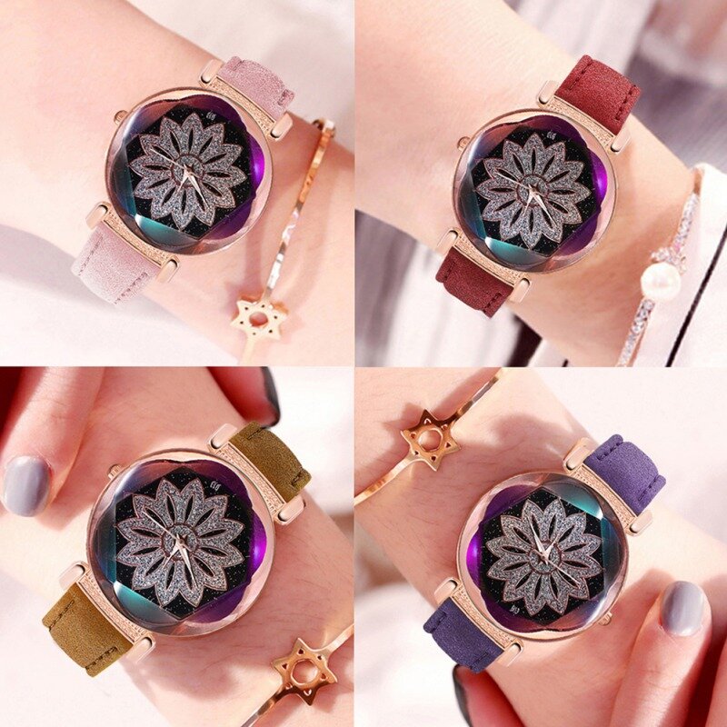 Women Quartz Magnet Buckle Starry Sky Flower Watch  Luxury Ladies Stainless Steel Quartz Watch Lady Wristwatch Decoration
