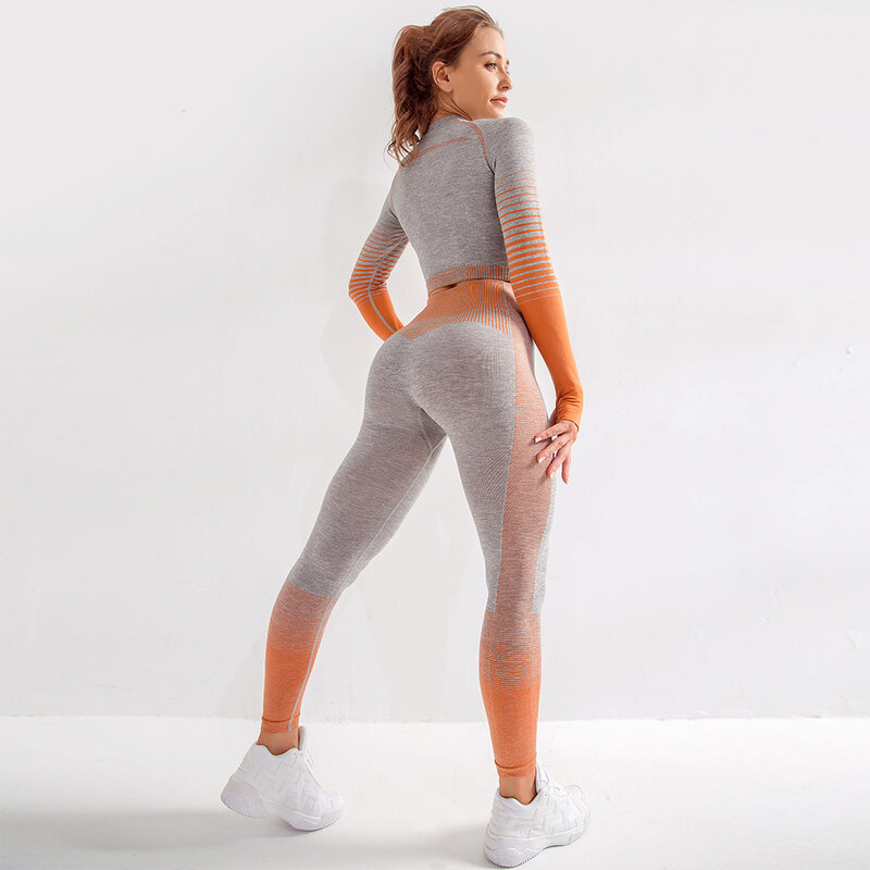 Seamless Fitness Yoga Set Women Long Sleeve Tight Striped Top Sports Suits Sportswear Stretchy Gym Workout Yoga Leggings & Shirt