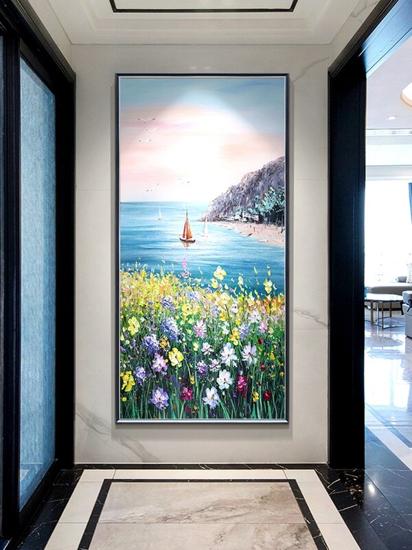 100% ręcznie malowany obraz olejny na płótnie niebieski krajobraz nieba wiejski nóż kwiat pionowa abstrakcyjna dekoracja na ścianę ozdoby do domu bezramowe