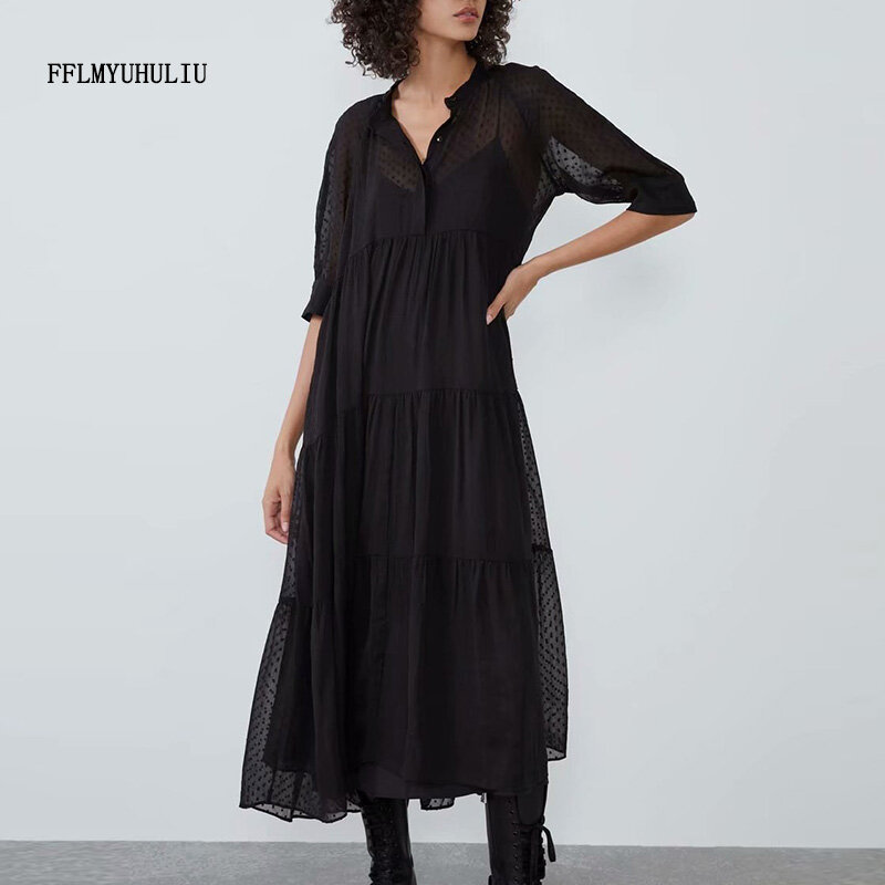 Gorąca sprzedaż damska czarna szyfonowa sukienka pół rękawa stójka długa sukienka polka dot przezroczysta przezroczysta seksowna sukienka