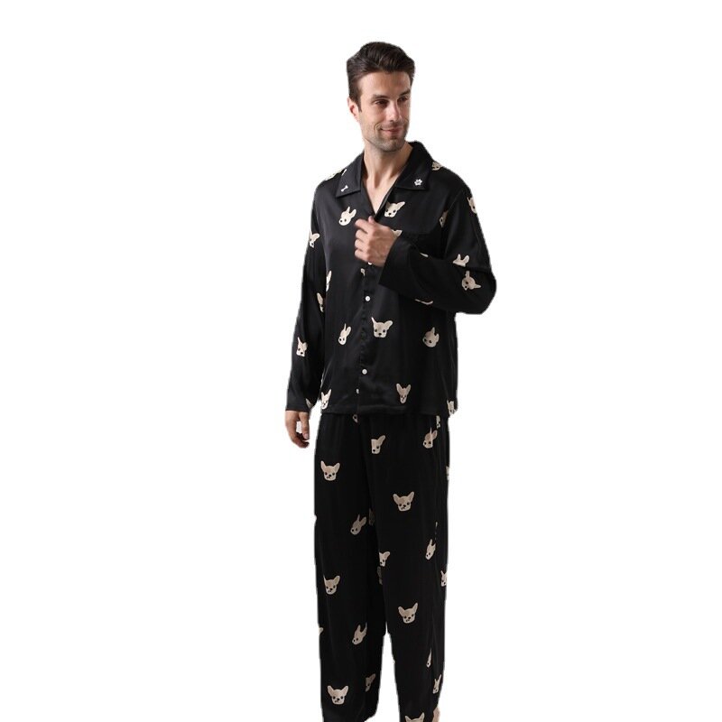 Nova primavera outono pijamas de lapela de manga comprida calças de seda gelo confortável fino define desenhos animados cão serviço em casa terno pijamas