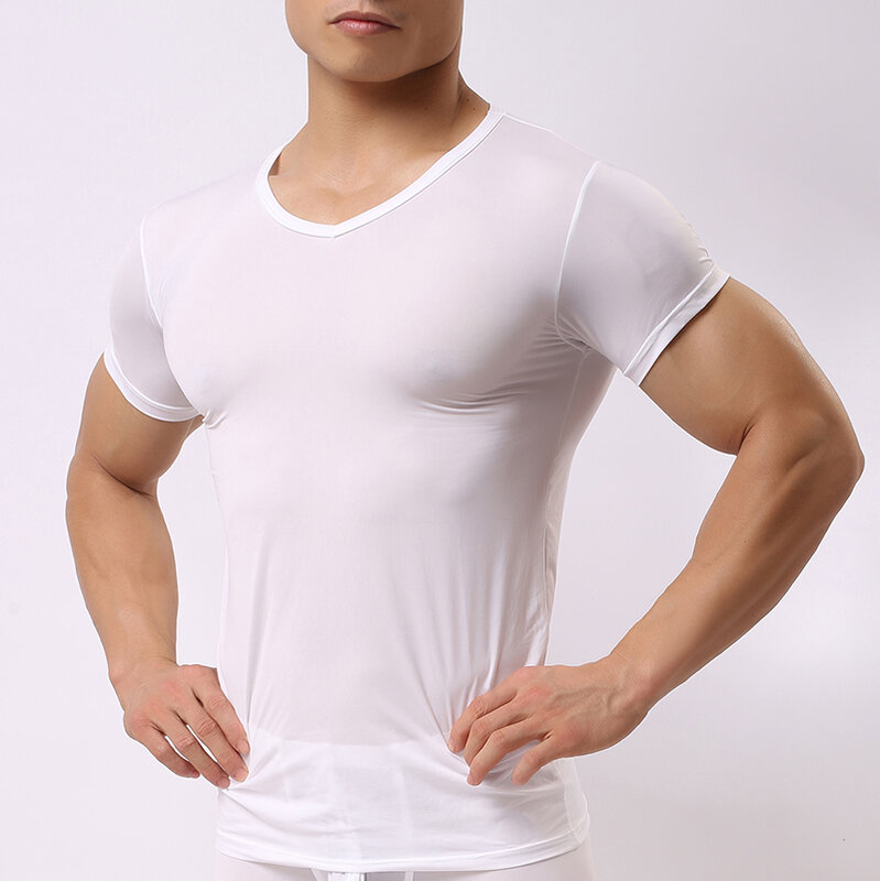 Sexy ultra-fino puro homem fitness poliéster undershirts gay gelo seda com decote em v camisas transparentes sexy nova moda
