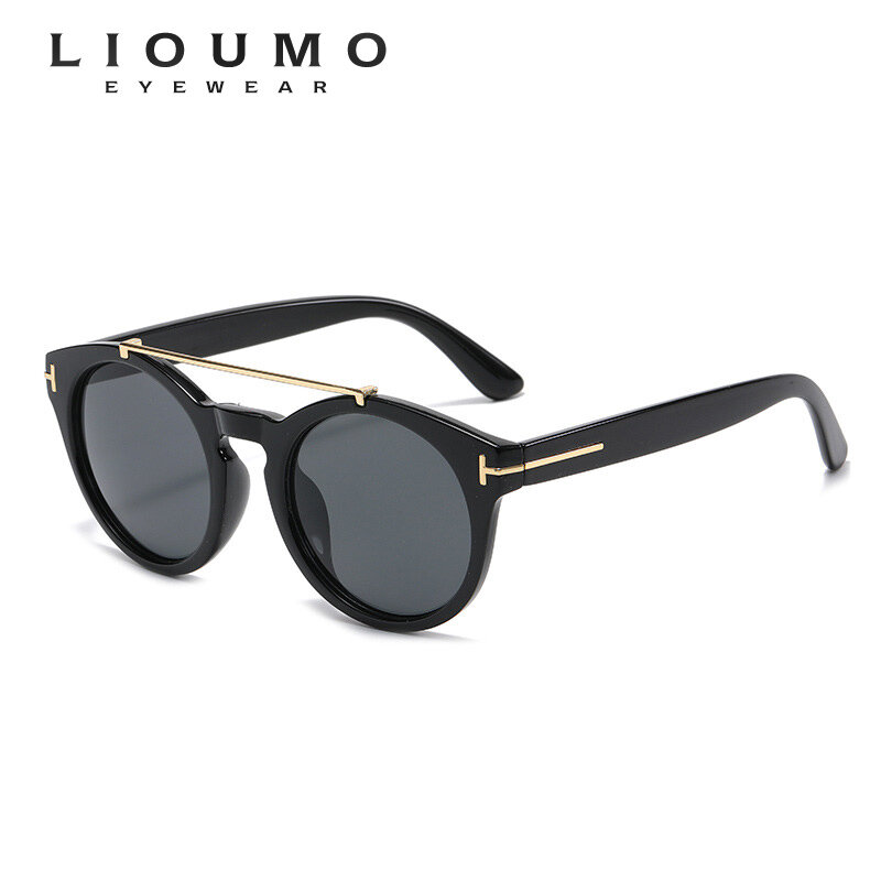 Kacamata Hitam Bulat Desain Jembatan Ganda Mode Lioomo untuk Pria Wanita Kacamata Berkendara Mata Kucing Antik UV400 Warna Trendi Gafas Sol