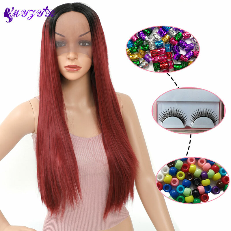 ZYR peruca frontal longa reta de renda sintética divisão média mão amarrada cor loira fibra de alta temperatura para mulheres perucas longas de renda