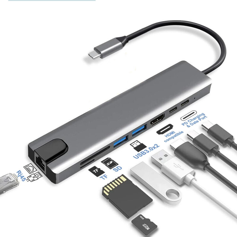 USB C HUB إلى HDMI-متوافق مع محول Rj45 100 متر OTG USB SD/TF قارئ بطاقة PD شحن سريع USB قفص الاتهام لماك بوك اير برو PC HUB