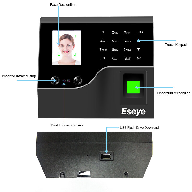 Eseye Biometric ระบบ Face Recognition พนักงานลงทะเบียนลายนิ้วมือเวลาทำงาน WIFI ควบคุมเครื่องเข้าร่วมประชุม