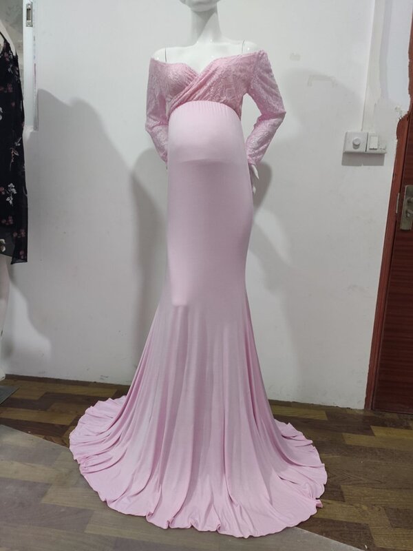 Ciąża seksowna koronkowa V Neck sukienka ciążowa z długim rękawem sesja zdjęciowa suknia Maxi kobiety w ciąży Baby Shower zdjęcie rekwizytu ubrania